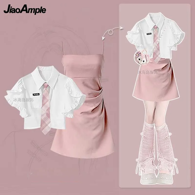 

2026 Summer New Korean Elegant New In Dress Matching Set Women's Fashion Short-sleeve Shirt Top+Strap Skirt Two Piece Suit