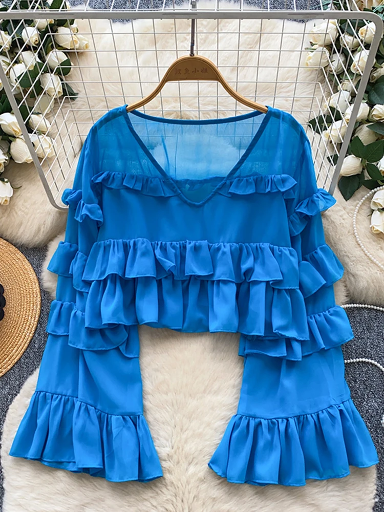

French Thin V-neck Ruffled Flared Sleeve Chiffon Blouse for Women's Spring Autumn New Sexy Short Top T100