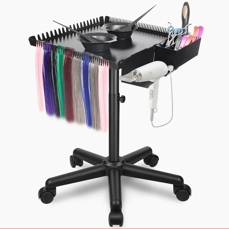 Salon Color Tray with Adjustable Height, Hairstylist Tray Rolling Cart with Hair Separator,Hair Extension Trolley with Storage