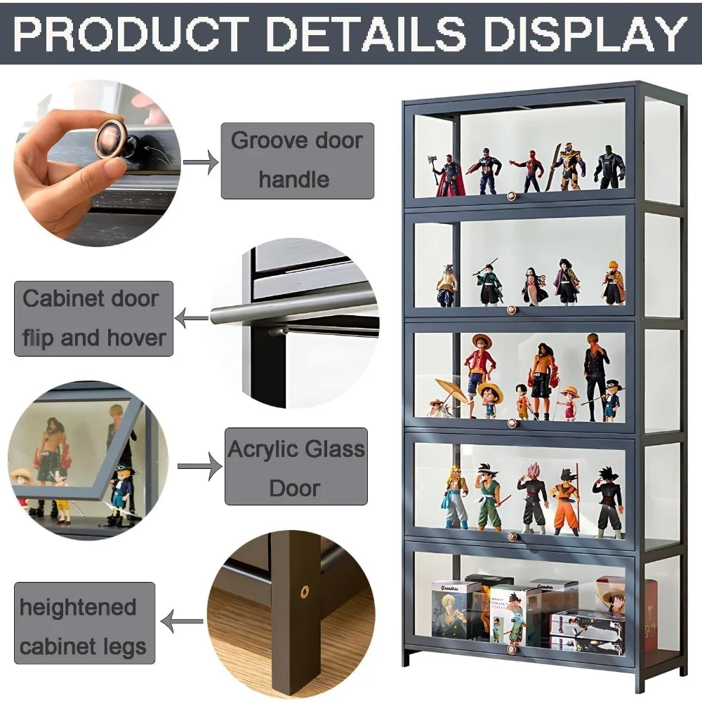 5-Tier Bamboo Display Cabinet with Acrylic Doors for Collectible Figures and Kids' Items