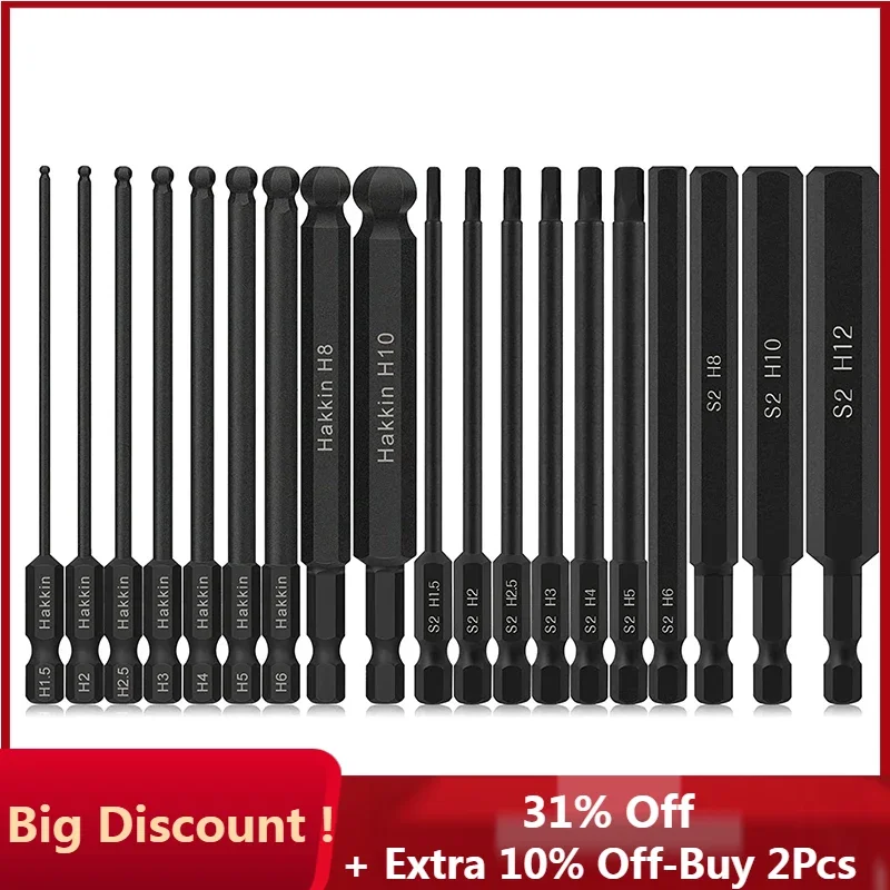 10Pcs Hex Head Allen Wrench Drill Bits + 9Pcs Ball End Hex Screwdriver Bits 1/4 Inch Hex Shank 100mm Screwdriver Set