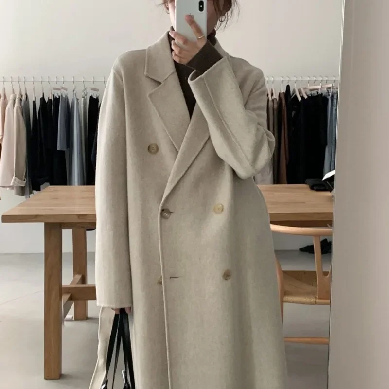 Neploe Korean Chic Vintage Temperament Blends Femme 2024 Autumn Winter Simple Classic Generous Double Breasted Long Woolen Coat