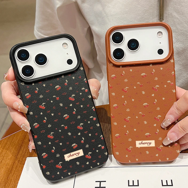 حافظة من السيليكون المقاوم للصدمات لهاتف آيفون اير 17 16 15 14 13 12 برو ماكس 17 12 برو 11 16e نسيج جلدي من البولي يوريثان الكرز الصغير كوف