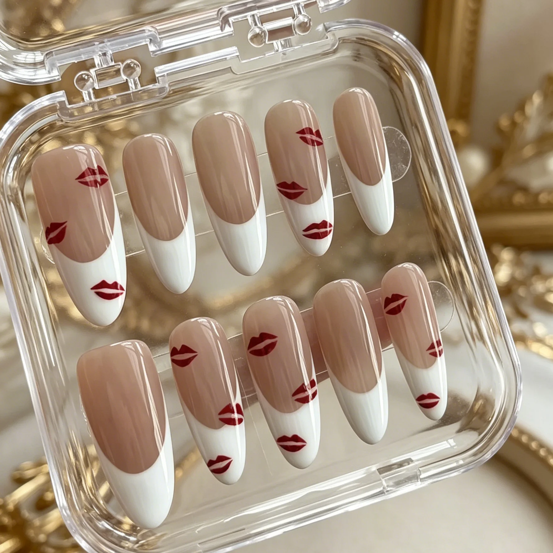 10 Pieces of Hand Pressed Almond Shaped Nails, Beautiful Fake Nails, Minimalist Skin Color Flying Kisses, Suitable for Women - view 2