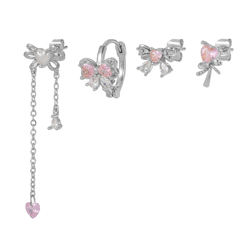 

Pink CZ Zirconia Bowknot Stud Earrings for Women Silver Color Piercing Heart Chain Dangle Earrings Set Woman Fashion Jewelry