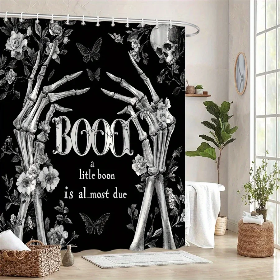 

Gothic Halloween Shower Curtain, Skeletal Hands with Roses & Butterflies, Durable Polyester, Spooky Bathroom Decor