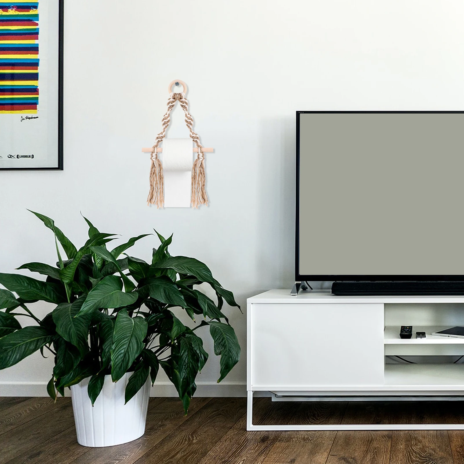 

1pc Cotton Linen Rope Roll Paper Holder Wood Color No Drill Wall Mounted Tissue Rack For Bathroom Kitchen Living Room Towel