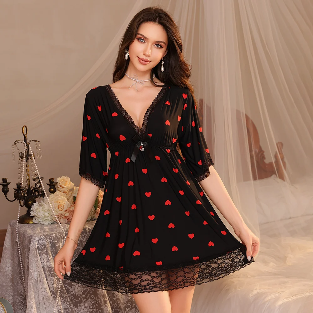 

Women Black Red Heart Print Nightdress V Neck 3/4 Sleeve Lace Trim Sleep Dress Sexy Babydoll Lingerie Nightwear Soft Homewear Pa