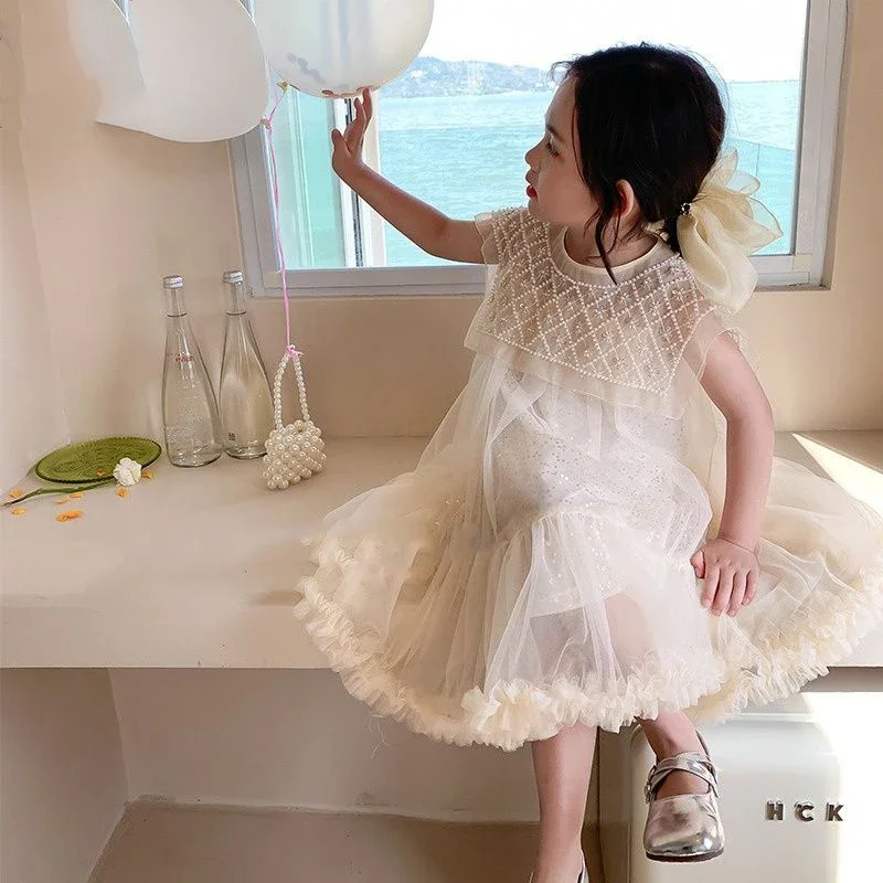 

2024 New Girls Mesh Dress Summer Square Collar Female Baby Birthday Party Dresses Candy Color Fairy Puffy Princess Dress 2-10T