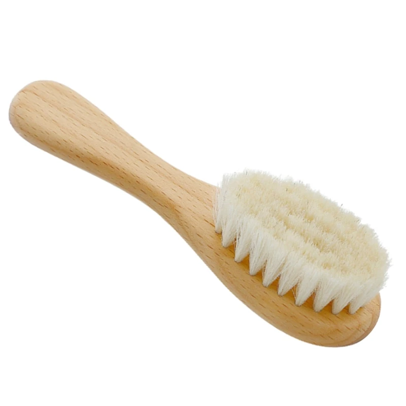 Baby Hair Brush & Comb Set Wooden Handle Baby Round Hair Brush Natural Goat Bristle Cradle-Cap Brush for Toddler Infant