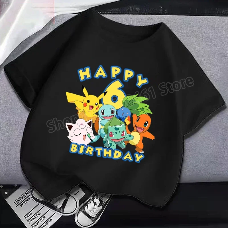 Pokemon Kids T-shirt Anime Cartoon Pikachu Birthday Number Printed Toddler Tees Boys Girls Summer Casual Pullover Cotton Tops