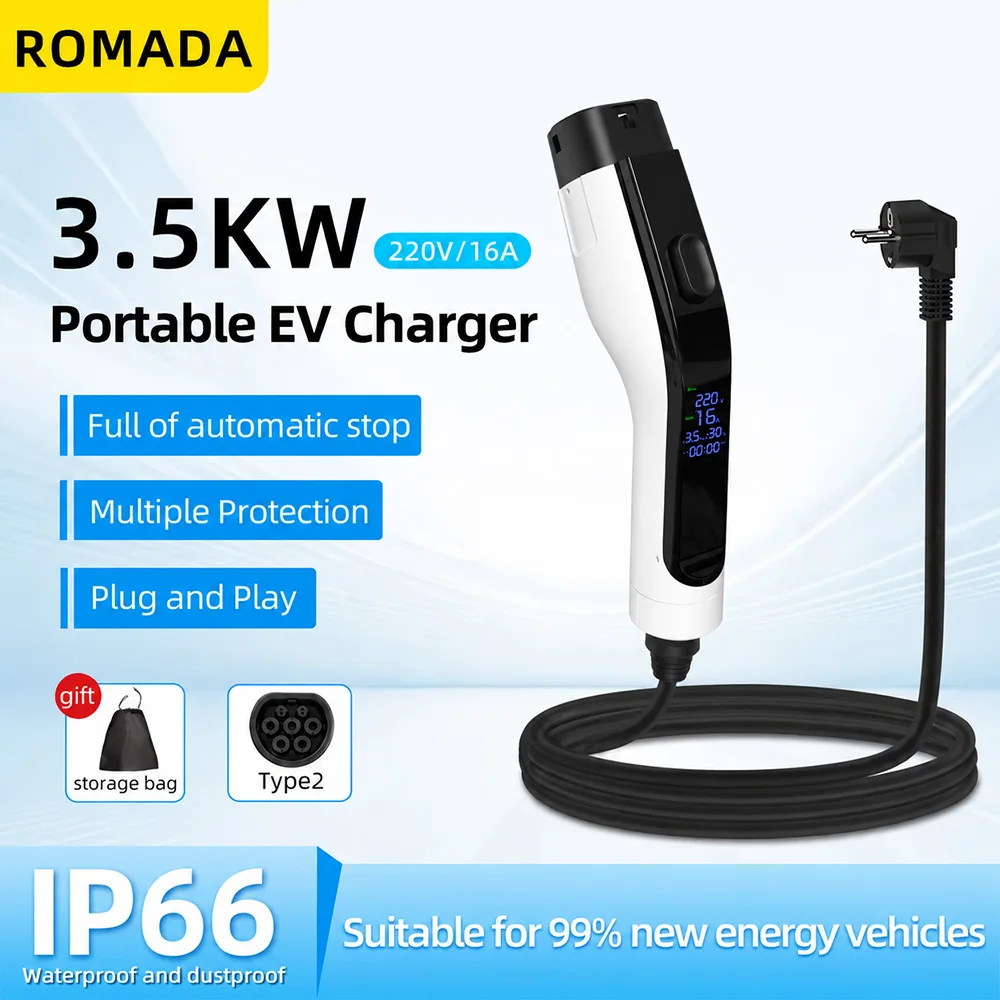 NEW ROMADA 3.5KW 16A Portable EV Charger with 3M-10M Cable IEC62196 TYPE2 EVSE EU Plug Safe Charging for Electric Vehicles