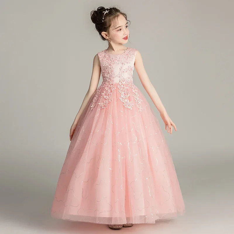 Flower Girls Sequined Evening Ball Gown Long Dress Tween Children Party Princess Dress Puffy Tulle Performance Mesh Dress