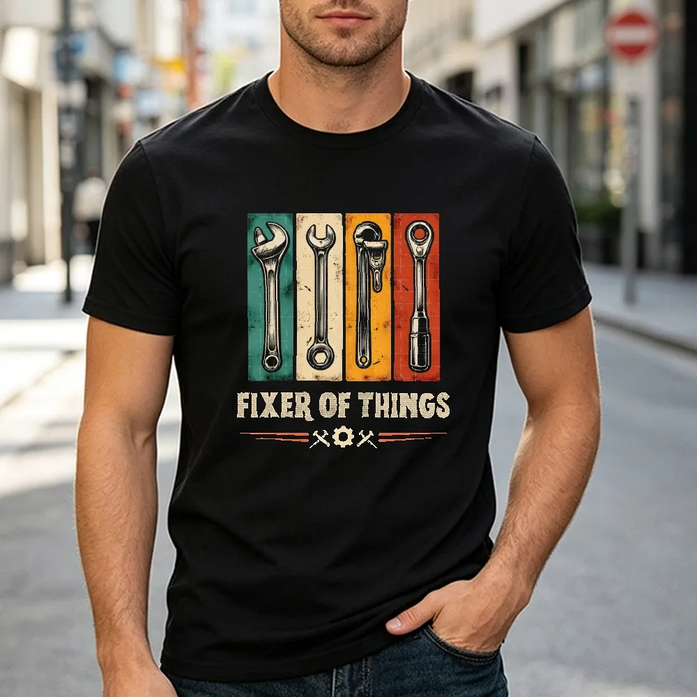 Vintage Wrench Fixer of Things Print O Neck Short Sleeve Tee Mechanic Handyman Men Breathable Casual Streetwear Shirt