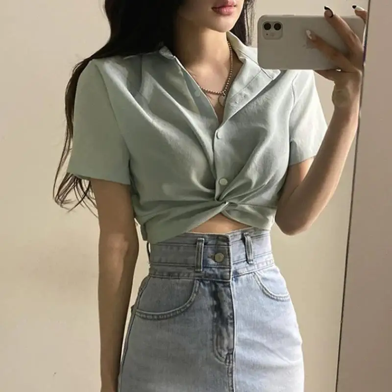 Koreaanse Gewassen Zoete Shirts Vrouwen Zomer Mode Korte Mouw Eenvoudige Elegante Effen Basic All-Match Harajuku Blusas Casual Kleding