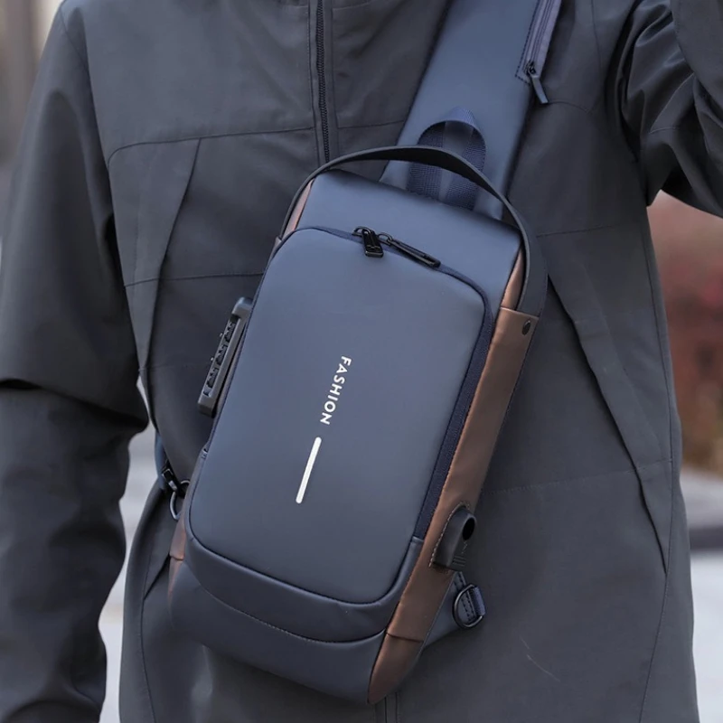 Wasserdichte Herren-Brusttasche, diebstahlsicherer Umhängetaschenrucksack mit USB-Ladeanschluss, Einzelschultertasche für Outdoor-Sportarten – Detail 2