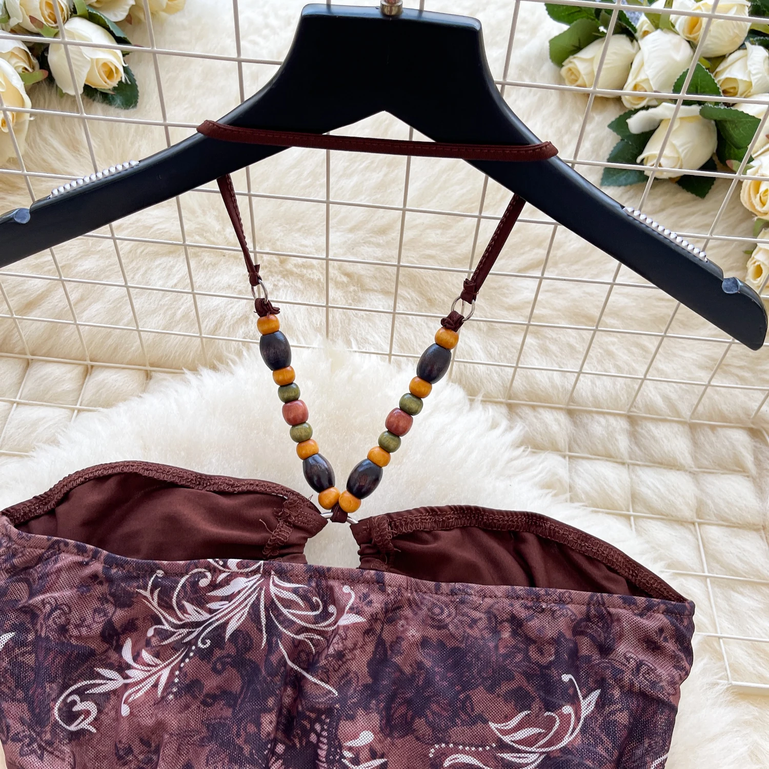 Female Hotsweet Y2K Beading Tops Shirts Print Halter Strapless Camis Crop Tops Lady Tropical Nightclub Tanks Women Party Tees