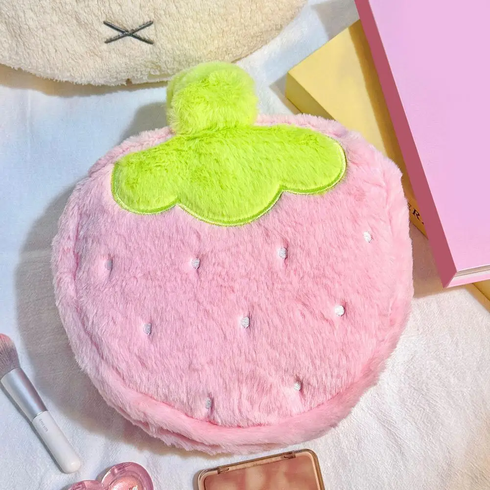 Kawaii Strawberry Plush Makeup Bag Large Capacity Travel Toiletry Organizer Cute Aesthetic Cosmetic Pouch Storage Case Women