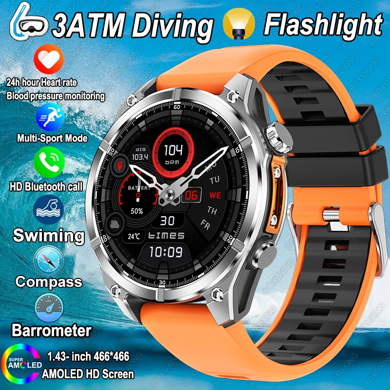 

2025 New 30 Meters Waterproof Smart Watch Men AMOLED Screen Swimming Compass Sports Tracker Heart Rate BT Call Smart Watch Men