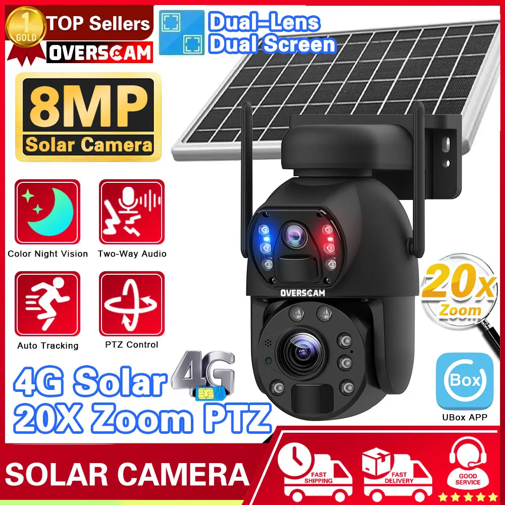 

UBox Solar Camera 4G sim Card 4K 8MP Dual Lens 20X Optical Zoom Outdoor PTZ Solar Panel PIR Humanoid Tracking CCTV Camera Alarm