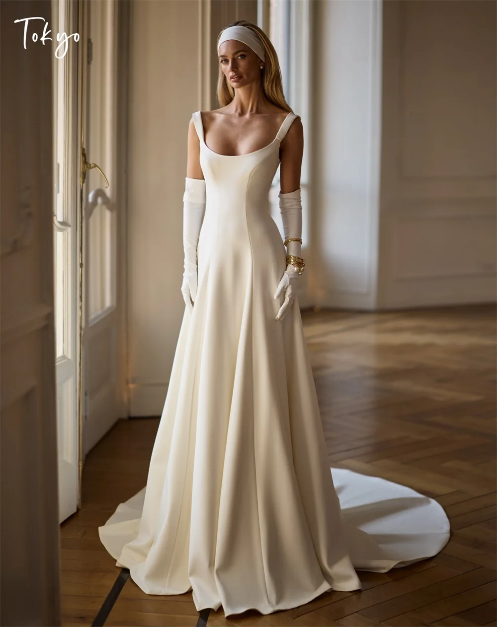 Tokyo Customized White Square Collar Wedding Dresses Detachable Sleeves A-Line Bridal Gown 2025 Elegant Court Train Wedding Gown
