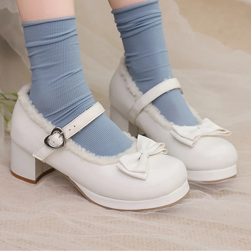 Sweet Women's Low Heels Pumps Big Size 48 Lolita Mary Janes Lolitas Shoes Black Nude Pink Heeled Dance Wedding Shoes For Girls