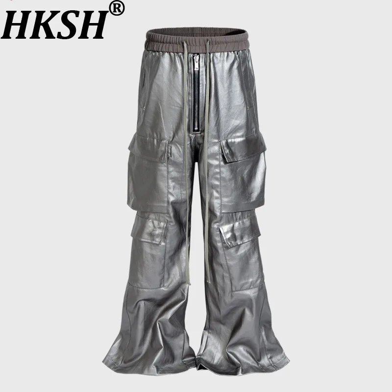 

HKSH Spring Autumn New Women's Wide Leg Pants Drawstring Elastic Waisted Multi-pocket Safari Style Punk Tide Chic Unisex HK14159