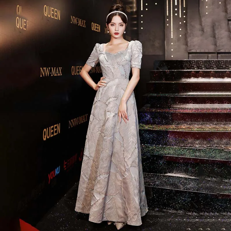 

Square Collar Fashion Evening Dress Appliques Short Sleeves Floor Length Pleat A-Line Plus size Woman Formal Party Gowns A2561