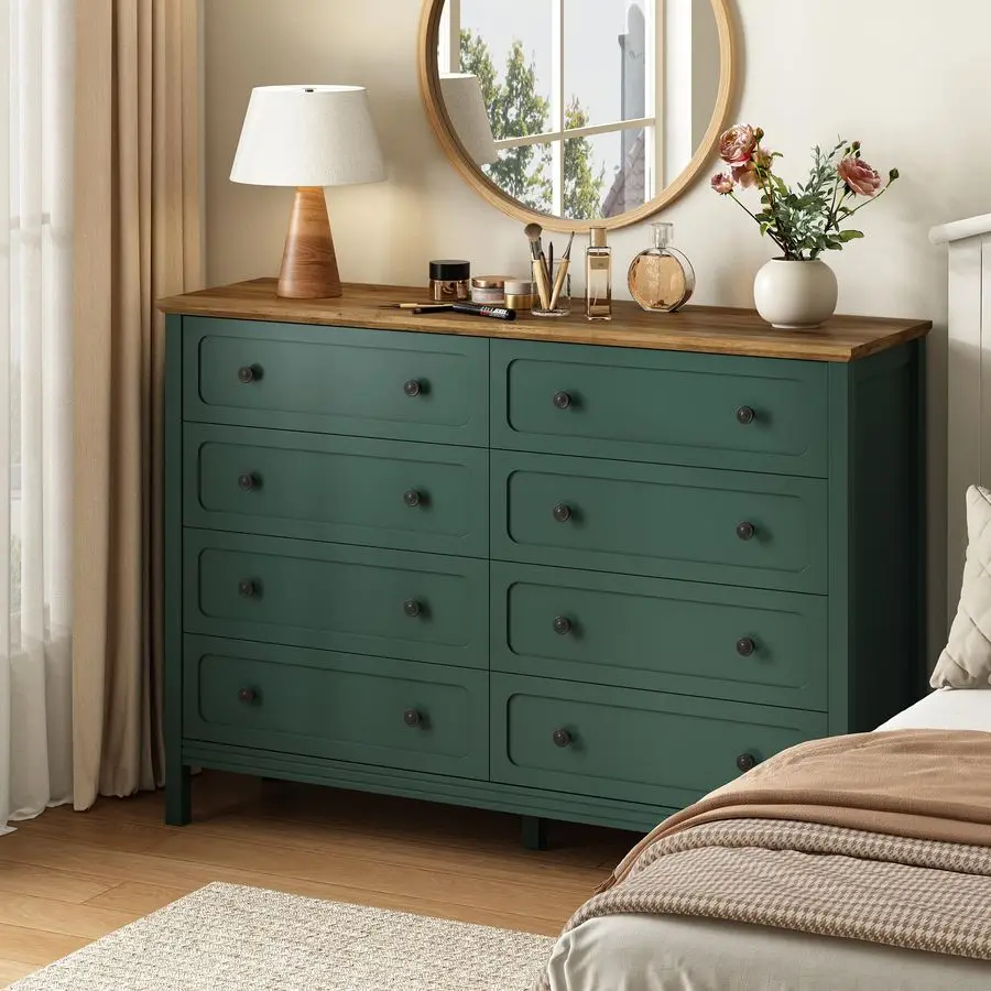 침실용 그린 드레서, 55인치 폭 8서랍 드레서, 금속 손잡이와 깊은 서랍이 있는 모던 대형 원목 서랍장
