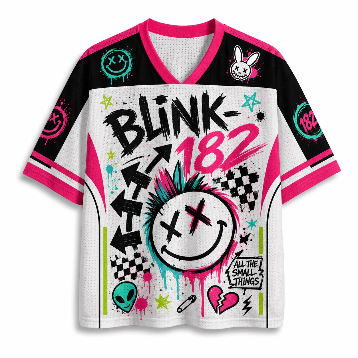 Y2K Pop Punk Graffiti Football Jersey, V Neck Short Sleeve Streetwear Top, Neon Splatter Print Music Festival Outfit