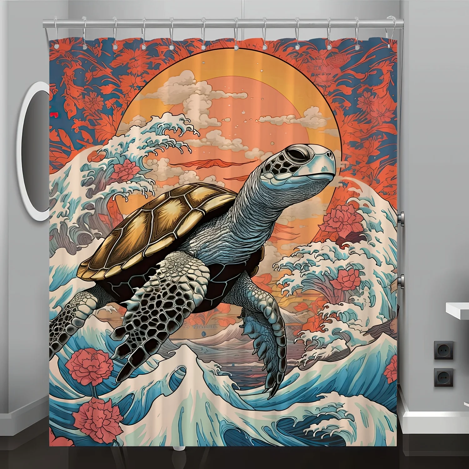 

1pc Japanese Wave Turtle Pattern Digital Print Shower Curtain, Bathroom Decor Home Decoration with Free Hooks, Machine Washable