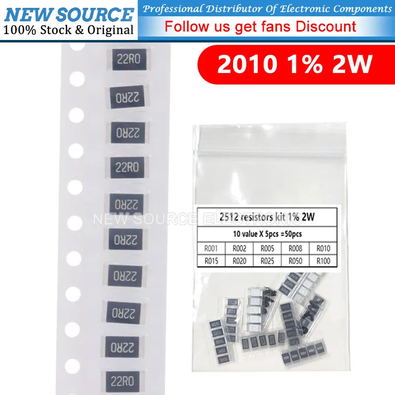 

50Pcs Alloy Resistor 2512 2W R001 R002 R003 R004 R005 R006 R008 R010 R012 R015 R020 R025 R030 R050 1% 10values X 10Pcs