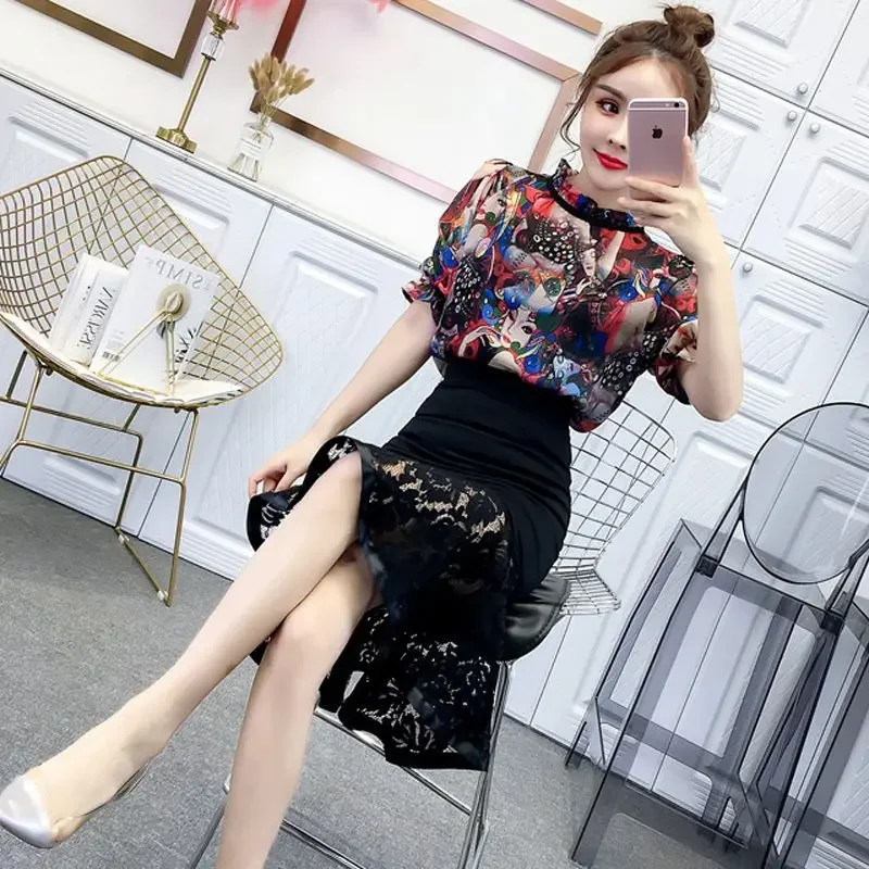 

Short Sleeve Lace Sexy Ruffles Lightly Cooked Skirt 2 Pieces Sets for Women Mini Party Woman Outfit Full Matching Formal Event