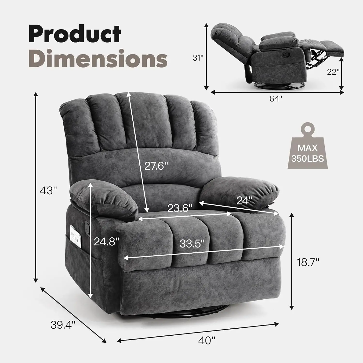 COOSLEEP Oversized Manual Swivel Rocker Recliner Chair, Extra Wide Glider Rocker Recliner for Big and Tall, Overstuffed, Custom