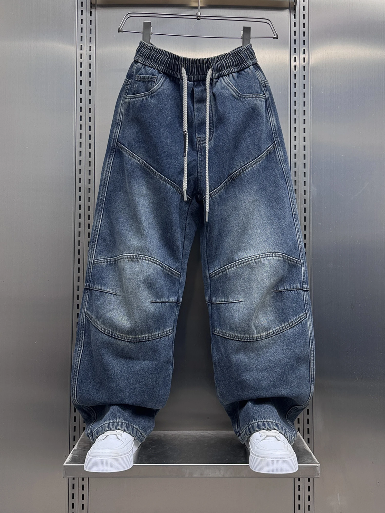 

Retro American Waed Denim Jeans Men's Winter New Trendy Brand Patchwork Fce Street Sle Long Pants Casual Loose Straight