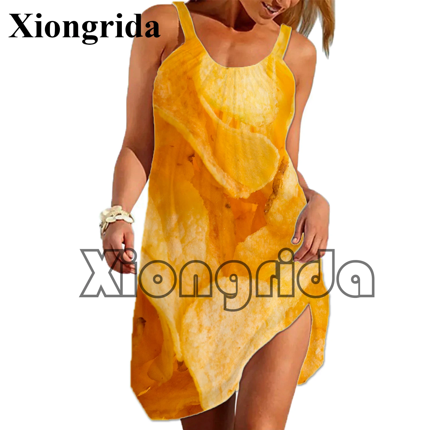 Novità patatine fritte stampate Slip Dress abiti Casual senza maniche moda 3D Snack stampato allentato Camis Dress vestiti femminili