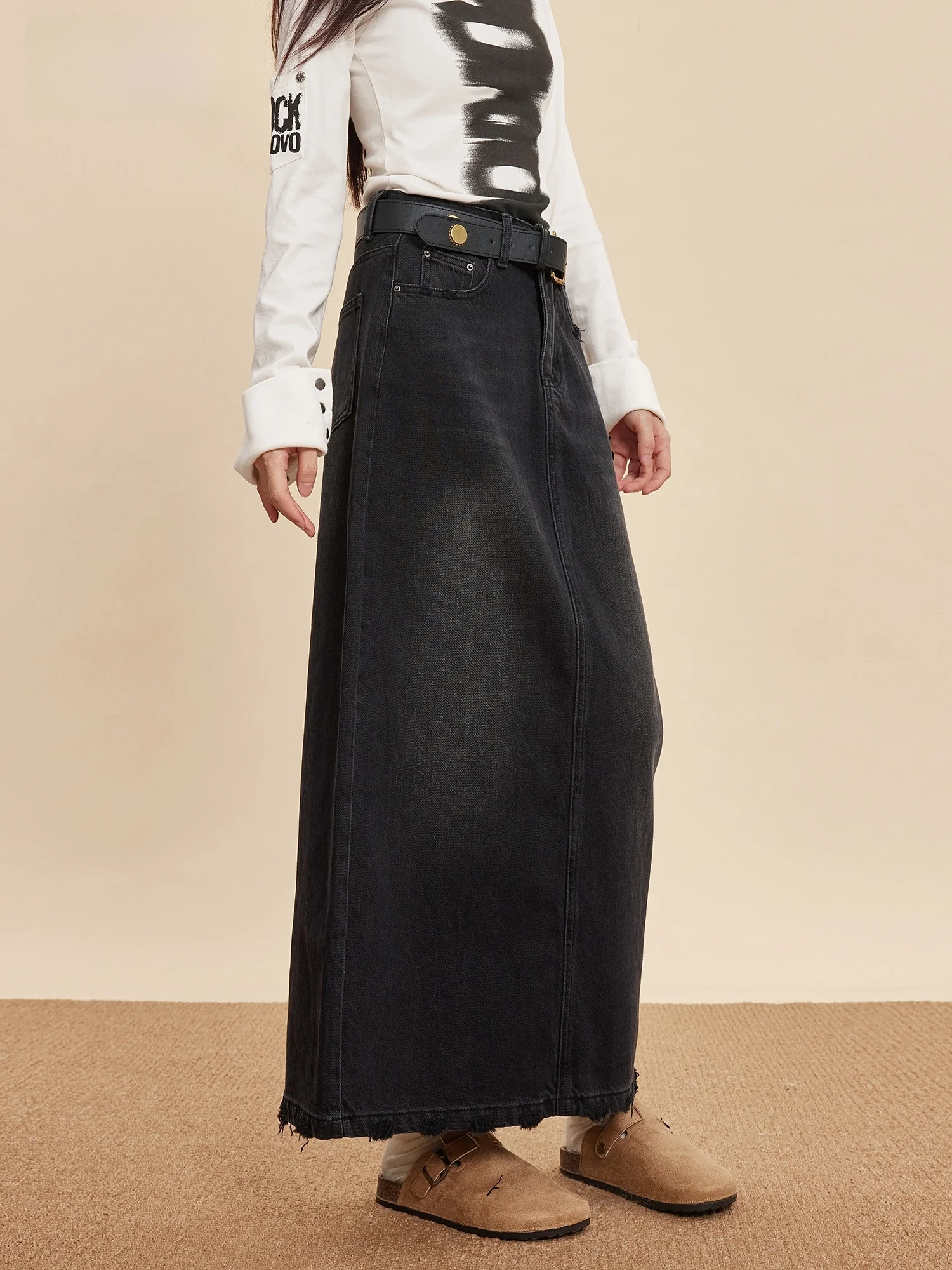 Unique Beautiful Washed Black Denim Skirt Half-length Women's Special A-line Cotton Casual Mid-waist Unique Elegant Skirt