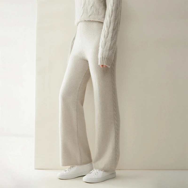 100% Cashmere Pants Women's Straight Pants Autumn Winter Twist Flower Thickness Simple Casual Style Cashmere Knitted Trousers