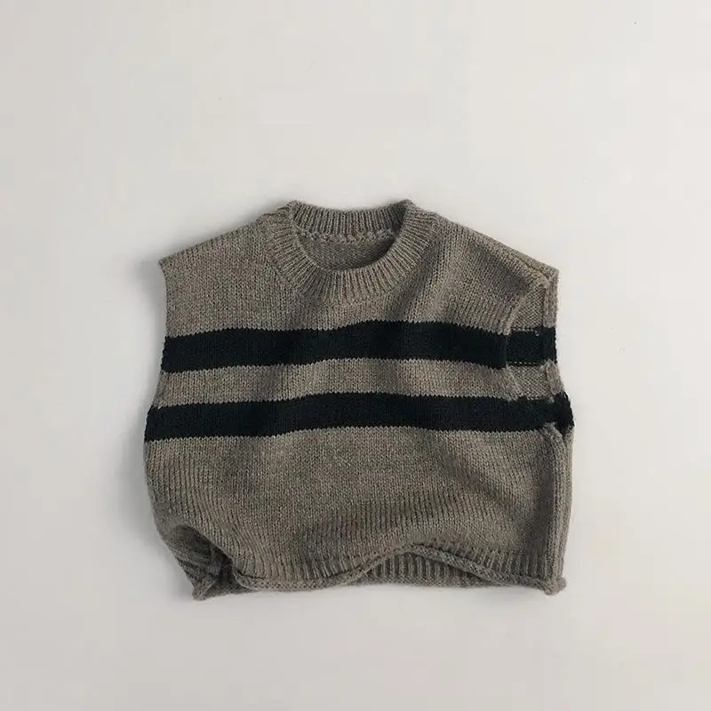 2025 Autumn New Children Sleeveless Knitted Vest Boys Loose Casual Striped Vest Coat Girls Versatile Knit Jacket Kids Clothes