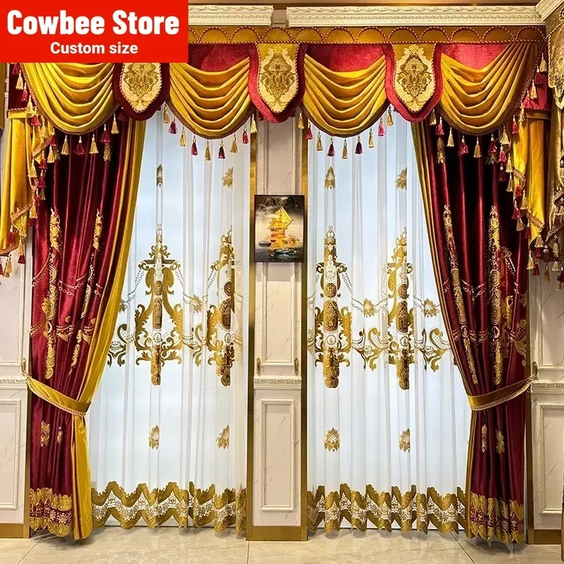 

European Customize High-end Grand Wine Red Thickened Blackout Velvet Embroidered Curtains for Living Dining Room Bedroom