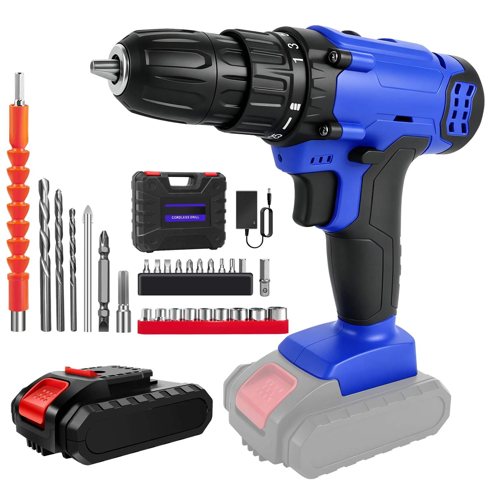 21V Cordless Drill,Electric Screwdriver Tools Kit with 25+1 Torque Setting,2 Variable Speed,29PCS Accessories,LED Work Light