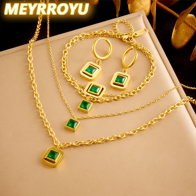 MEYRROYU 316L Stainless Steel Square Green Zircon Double-layer Necklace Bracelet Earrings Women New Trend Non-fading Jewelry Set