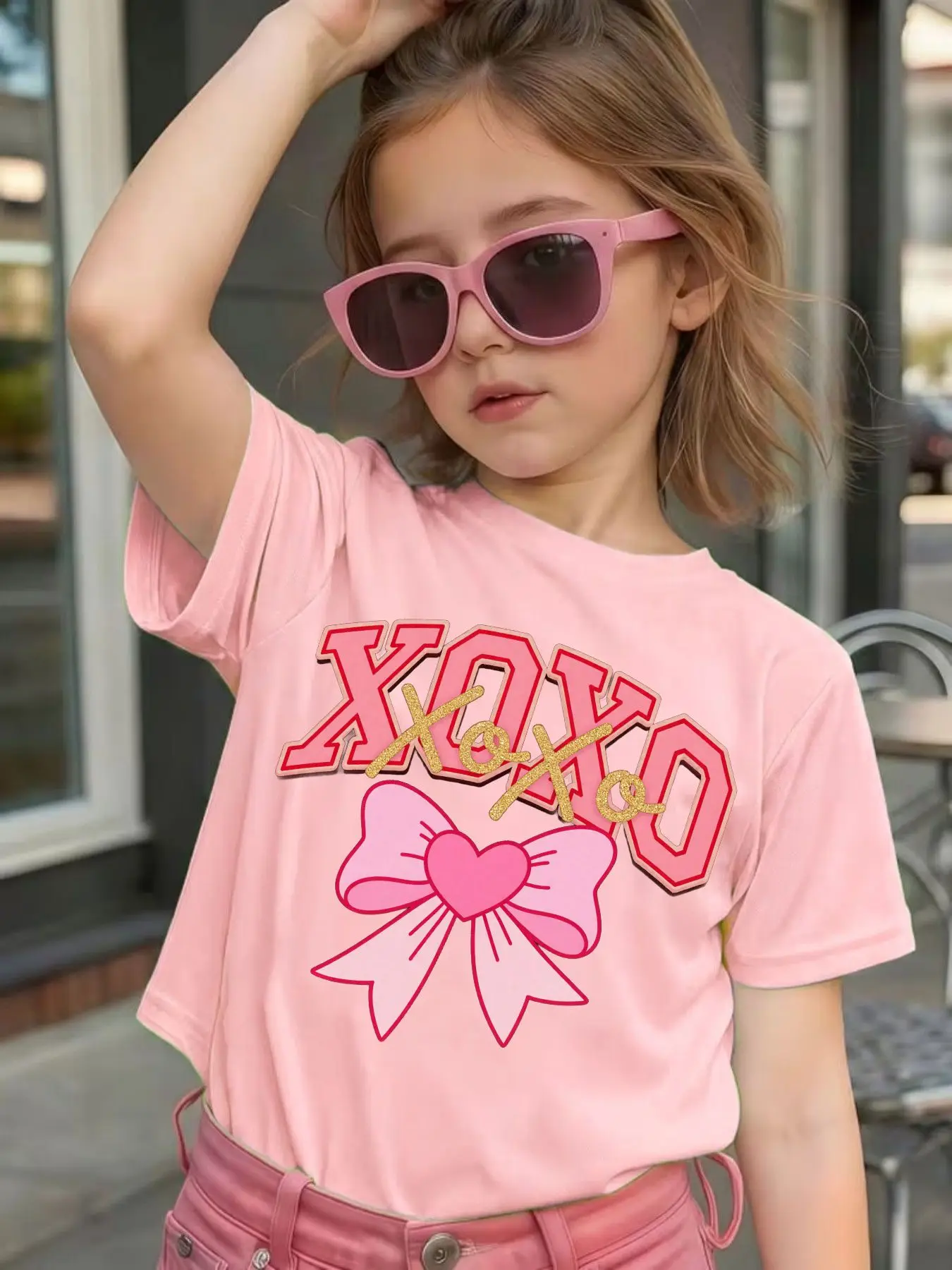 Cute XOXO Pink Heart Bow Letter Graphic Kids Tee Boys Girls Family Matching Cotton Crew Neck Short Sleeve Soft Summer Tee