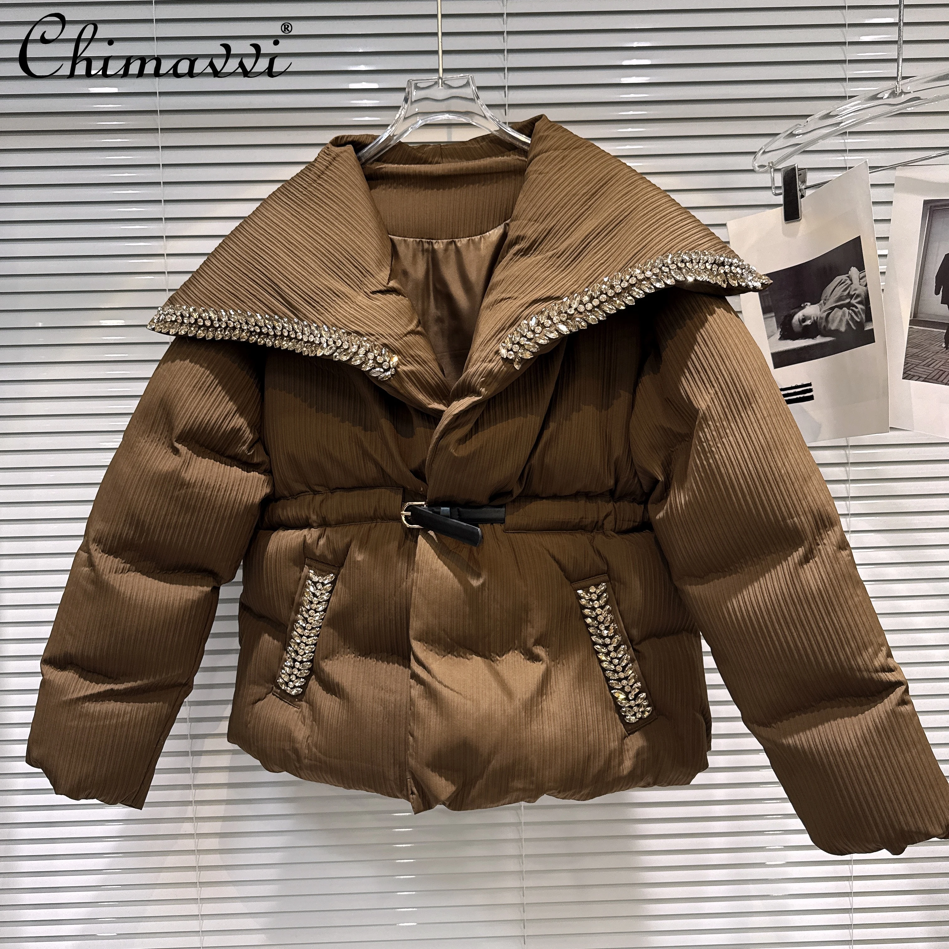 

French Elegant Fashion Diamond Lapel Long Sleeve Belt Slim Loose Casual Warm Cotton Padded Jacket for Women Winter Quilted Coats