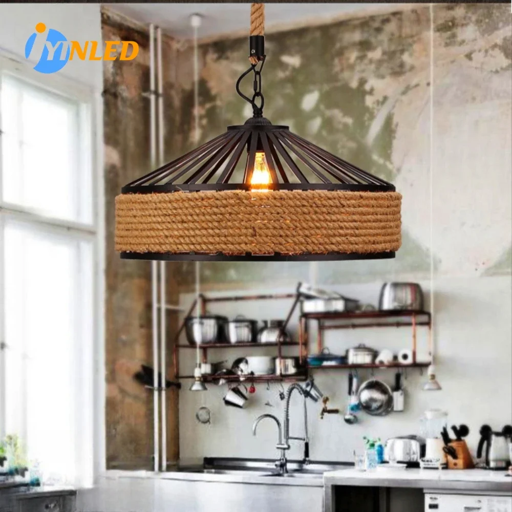 

Retro Hemp Rope Suspension Round Luminaire Indoor Pendant Lights Fixtures American Vintage Loft Restaurant Kitchen Hanging Lamp