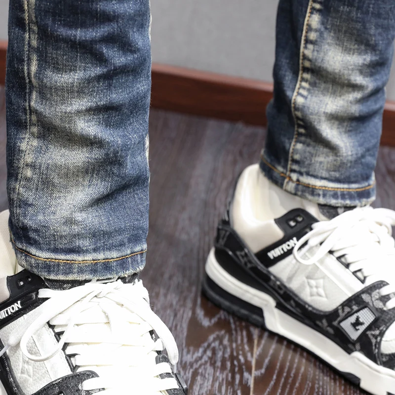 Street Fashion Men Jeans Retro Black Blue Stretch Slim Fit Vintage Ripped Jeans Men Embroidery Designer Spliced Hip Hop Pants