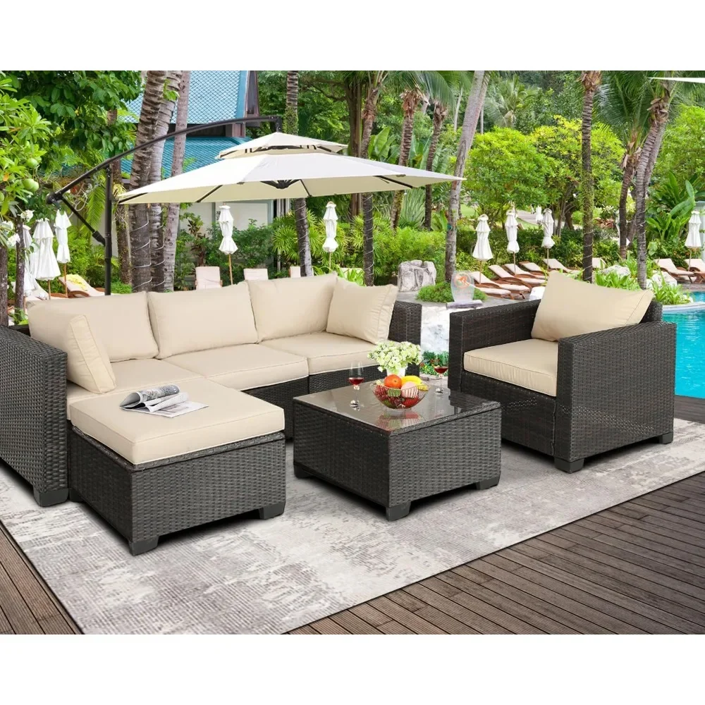 6 Pieces Pieces Patio Furniture Set Outdoor Sectional Wicker Patio Furniture Patio Couch with Ottoman for Lawn, Balcony, Garden