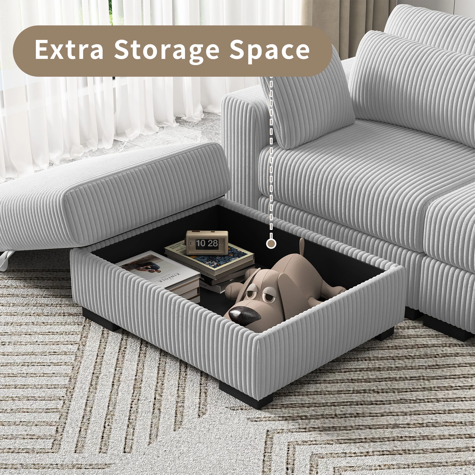 Superaly Polstersofa, modernes Sofa, Sofa mit Fußstütze, Einzelsessel mit Stauraum, für Wohnzimmer und Schlafzimmer, Cord, Grau