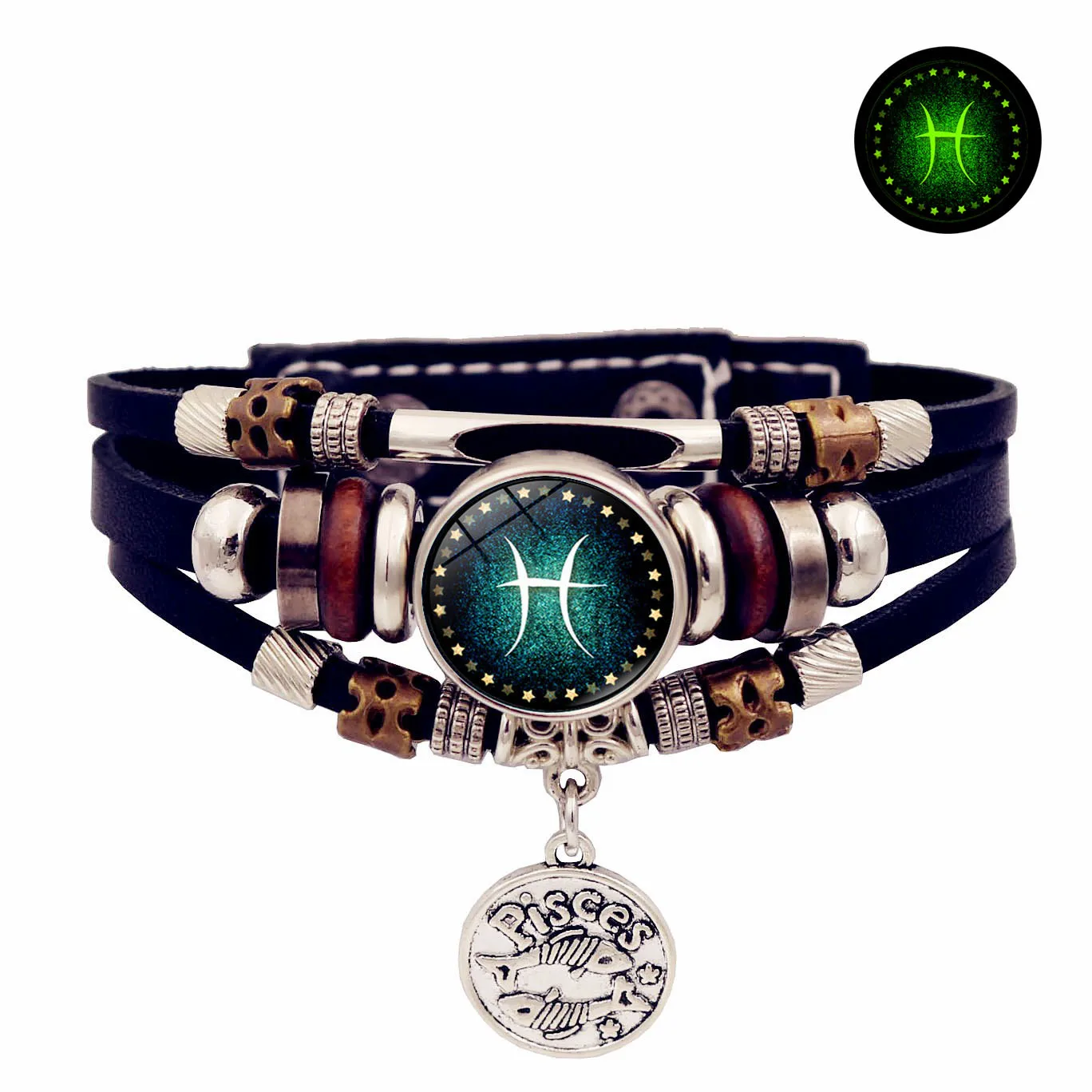 Starry Sky Zodiac Luminous Leather Bracelet Multi-layered Beaded Leather Men's Snap Closure Women Bracelet Friendship Bracelets