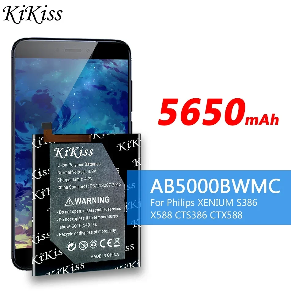 KiKiss High Capacity 5650mAh AB5000BWMC Battery For Philips XENIUM S386 X588 CTS386 CTX588 Phone High Quality Battery